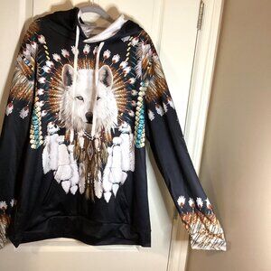 Native American Indian White Wolf Men's Long Sleeve Hoodie Casual Men Size XXL